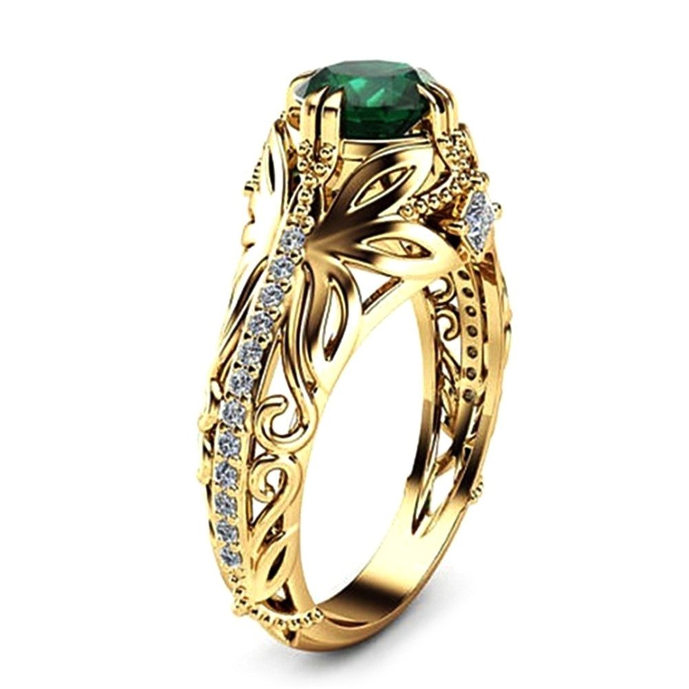 Antique Women Gold Plated Oval Emerald Inlaid Finger Ring Jewelry Valentine Gift Image 2