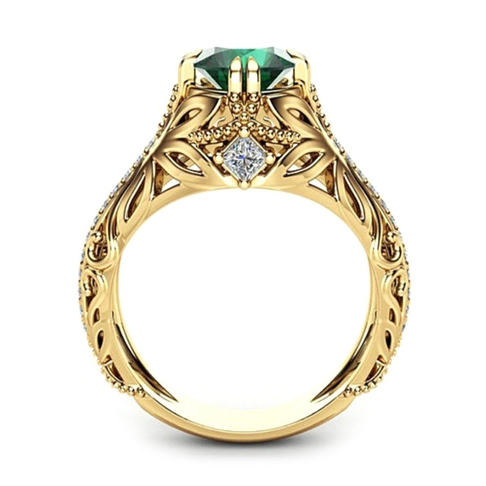 Antique Women Gold Plated Oval Emerald Inlaid Finger Ring Jewelry Valentine Gift Image 3