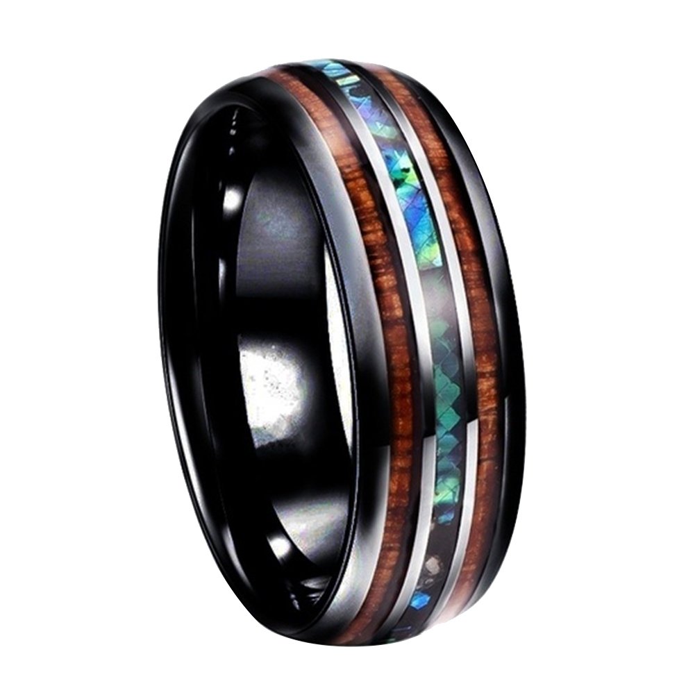 Fashion Unisex Wooden Abalone Shell Titanium Steel Ring Wedding Party Jewelry Image 8