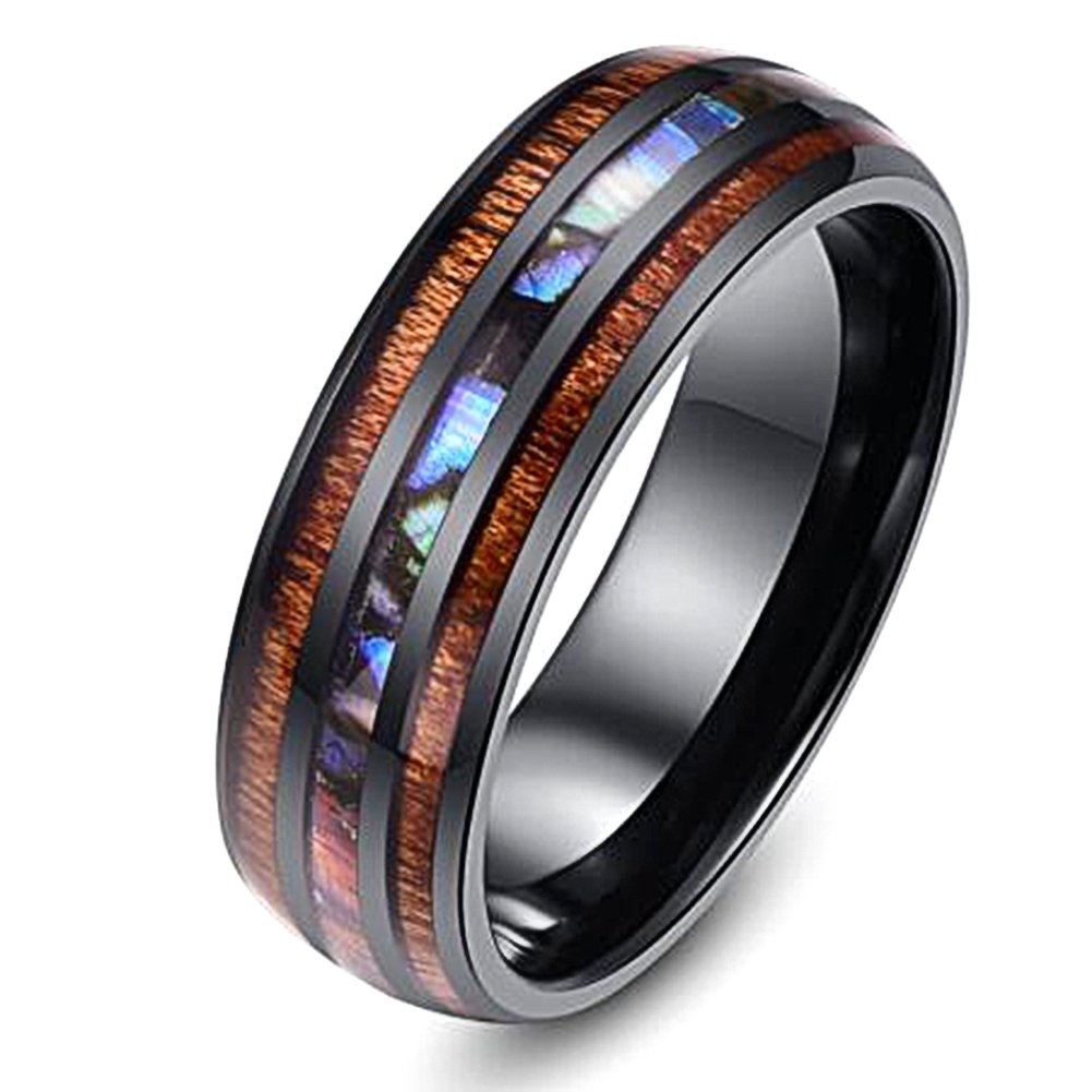 Fashion Unisex Wooden Abalone Shell Titanium Steel Ring Wedding Party Jewelry Image 9