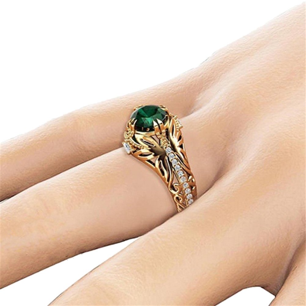 Antique Women Gold Plated Oval Emerald Inlaid Finger Ring Jewelry Valentine Gift Image 4