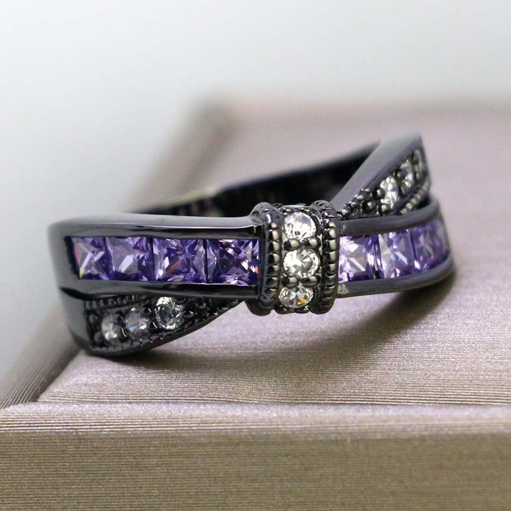 Party Women Fashion Dual Color Faux Amethyst Cross Bowknot Finger Ring Jewelry Image 3