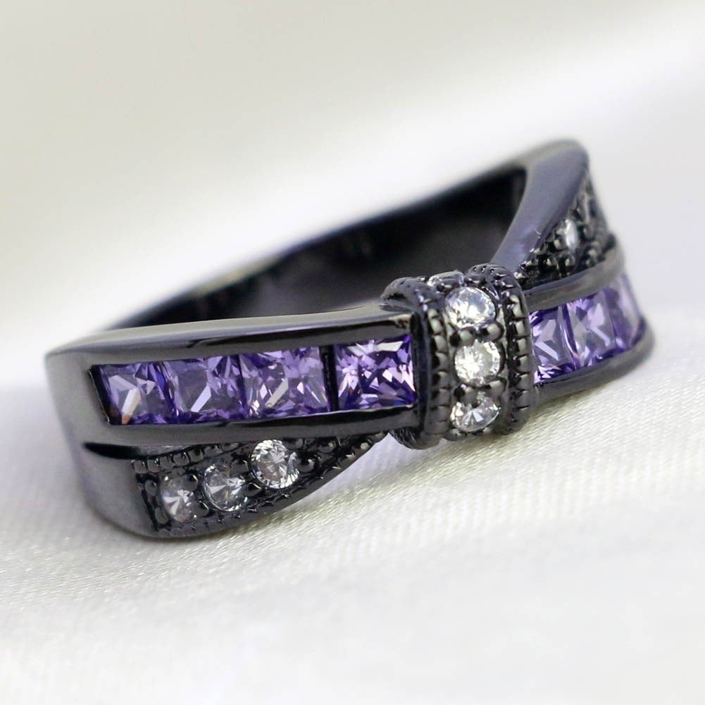 Party Women Fashion Dual Color Faux Amethyst Cross Bowknot Finger Ring Jewelry Image 4
