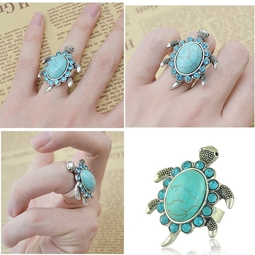 Womens Fashion Turquoise Tortoise Pattern Blue Rhinestone Inlaid Finger Ring Image 1