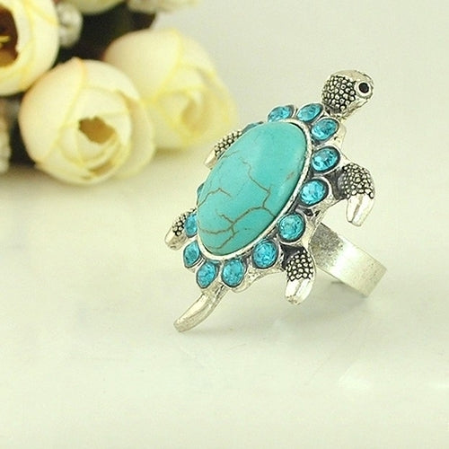 Womens Fashion Turquoise Tortoise Pattern Blue Rhinestone Inlaid Finger Ring Image 3