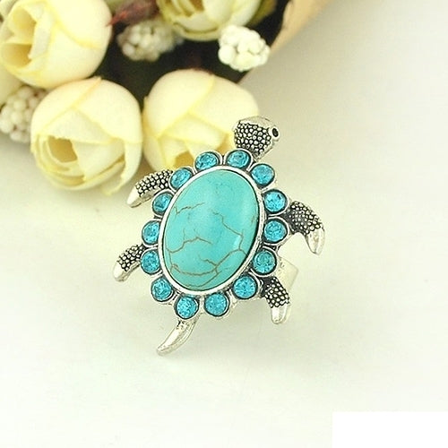 Womens Fashion Turquoise Tortoise Pattern Blue Rhinestone Inlaid Finger Ring Image 4