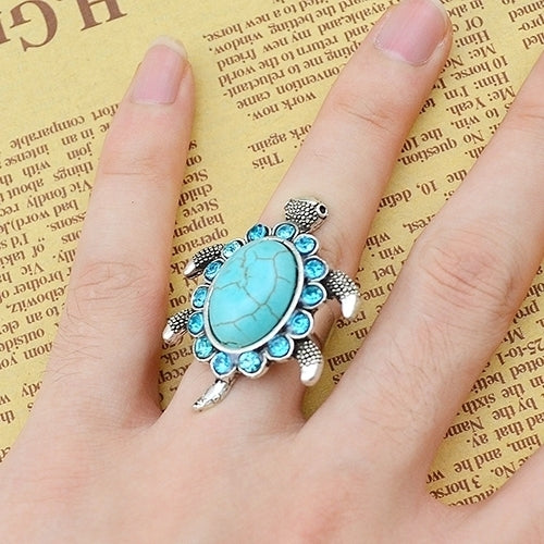 Womens Fashion Turquoise Tortoise Pattern Blue Rhinestone Inlaid Finger Ring Image 6