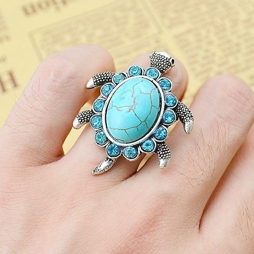 Womens Fashion Turquoise Tortoise Pattern Blue Rhinestone Inlaid Finger Ring Image 7