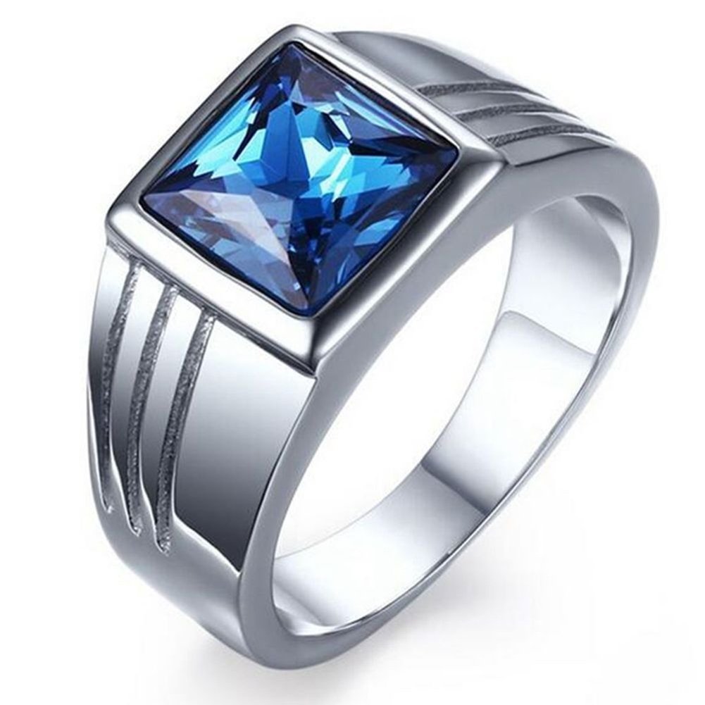 Mens Gorgeous Blue Square Rhinestone Wide Wedding Band Finger Ring Size 7-11 Image 1