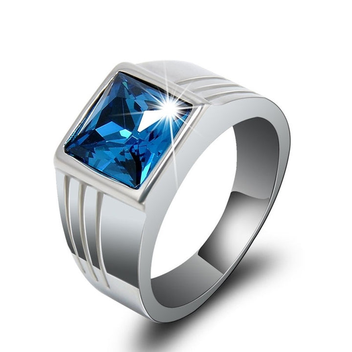 Mens Gorgeous Blue Square Rhinestone Wide Wedding Band Finger Ring Size 7-11 Image 2