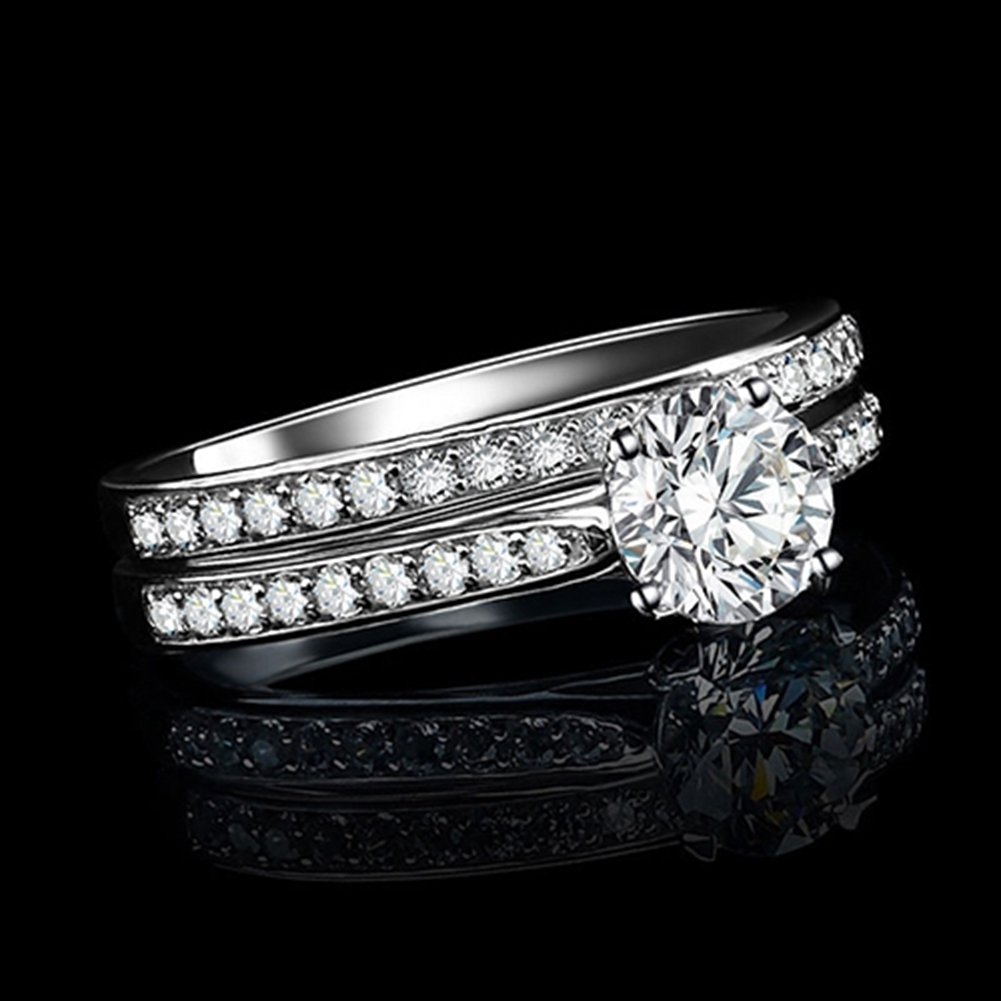 Women Engagement Wedding 2Pcs Ring Set Cubic Zirconia White Silver Plated Rings Image 3