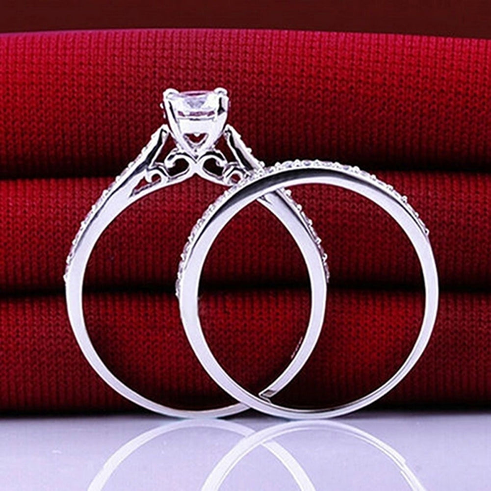 Women Engagement Wedding 2Pcs Ring Set Cubic Zirconia White Silver Plated Rings Image 4