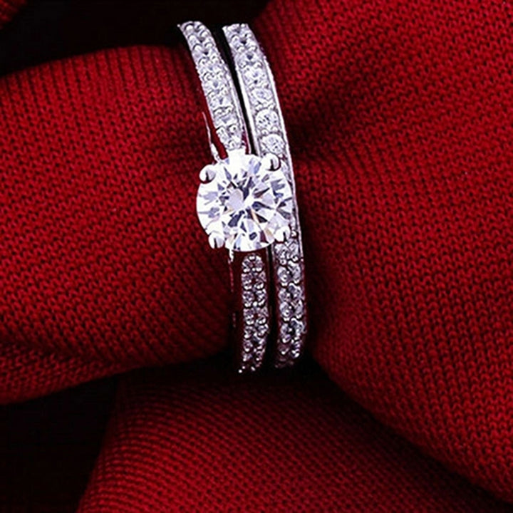 Women Engagement Wedding 2Pcs Ring Set Cubic Zirconia White Silver Plated Rings Image 4