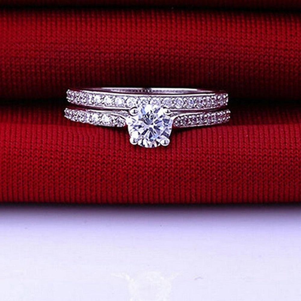 Women Engagement Wedding 2Pcs Ring Set Cubic Zirconia White Silver Plated Rings Image 6