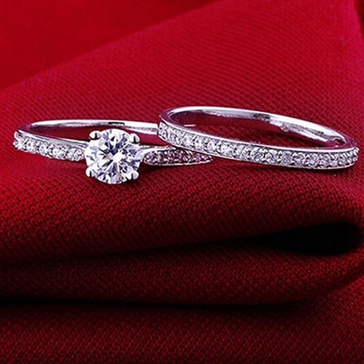 Women Engagement Wedding 2Pcs Ring Set Cubic Zirconia White Silver Plated Rings Image 8