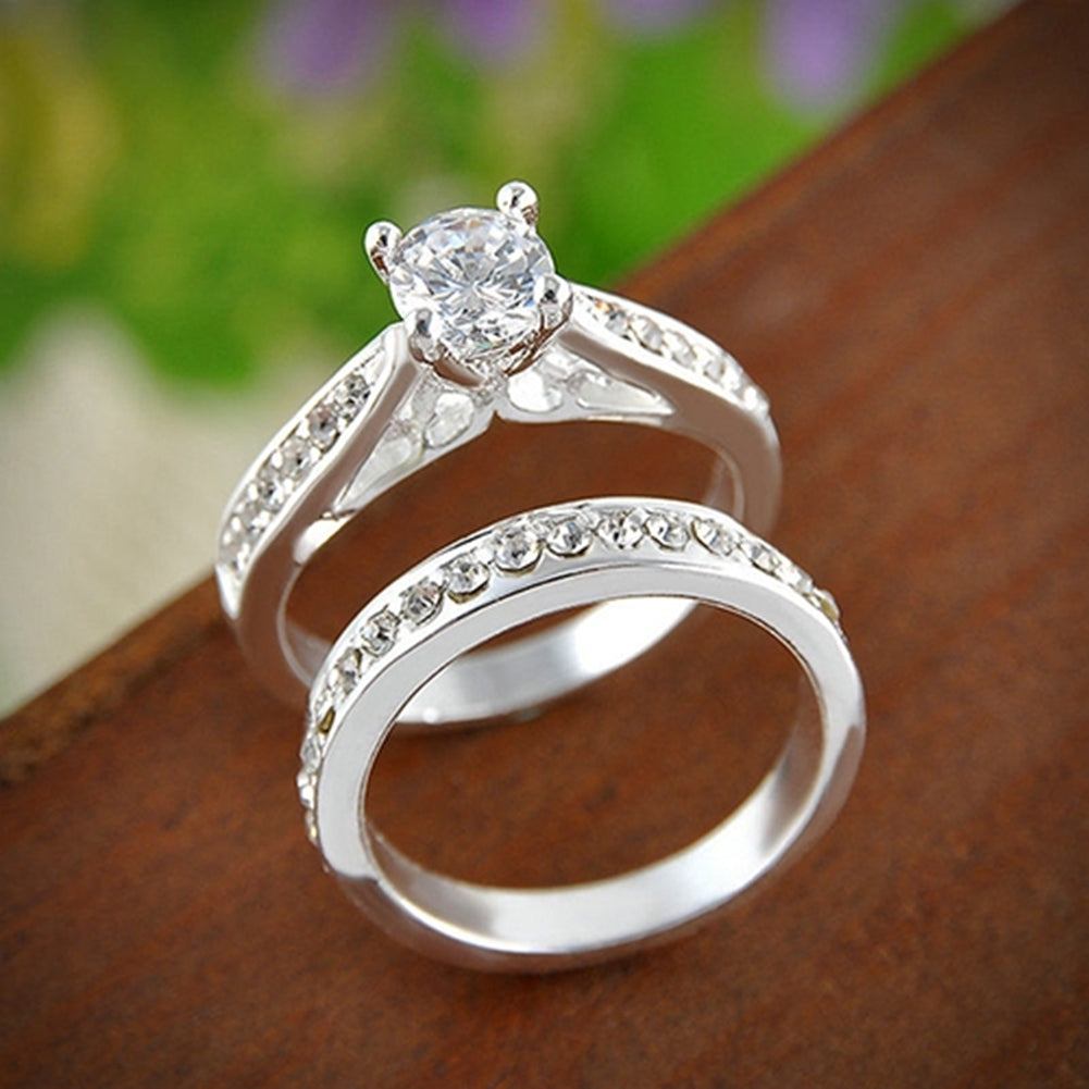 Women Engagement Wedding 2Pcs Ring Set Cubic Zirconia White Silver Plated Rings Image 9