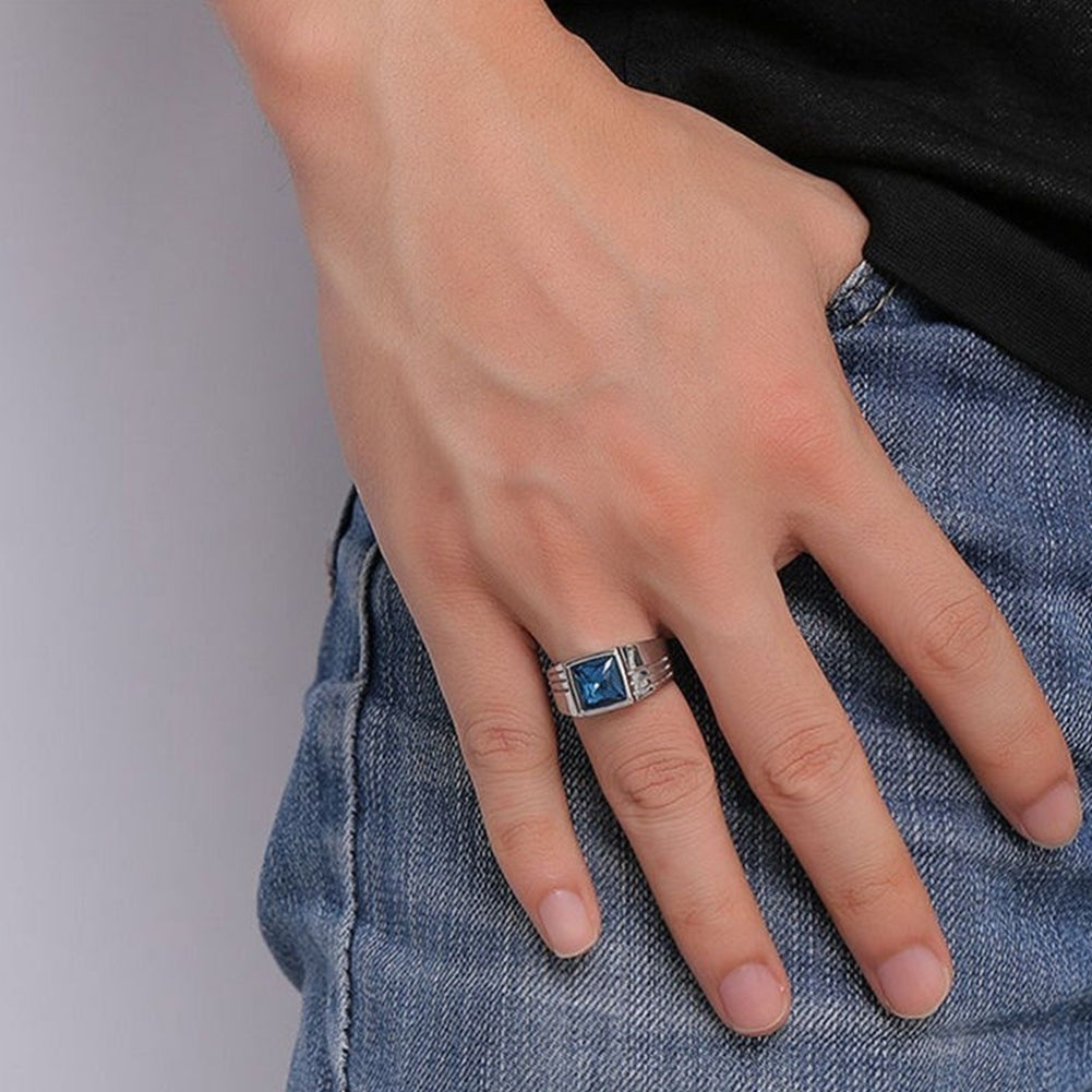 Mens Gorgeous Blue Square Rhinestone Wide Wedding Band Finger Ring Size 7-11 Image 11