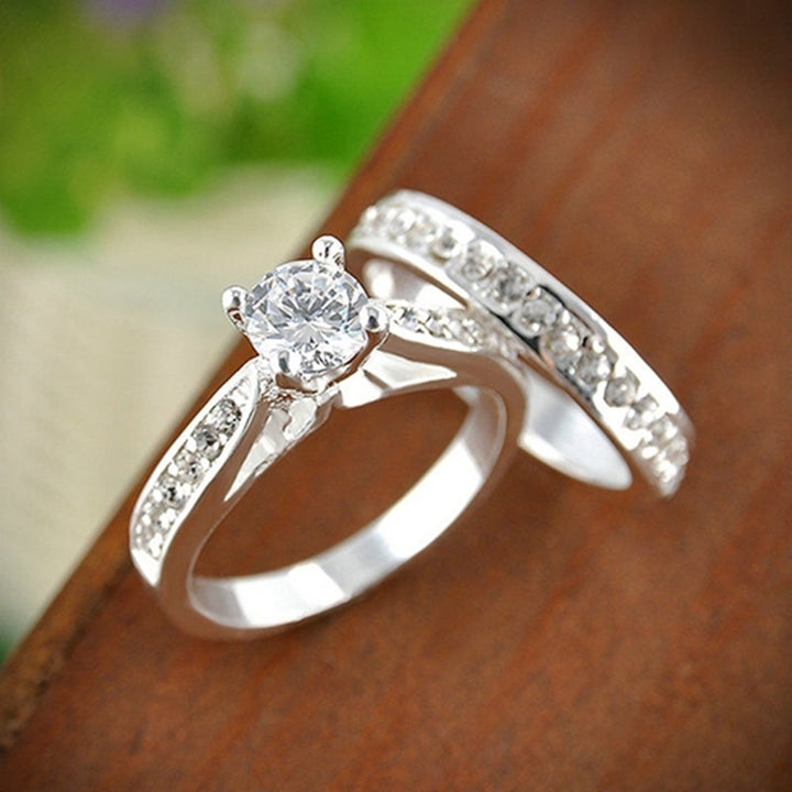 Women Engagement Wedding 2Pcs Ring Set Cubic Zirconia White Silver Plated Rings Image 10