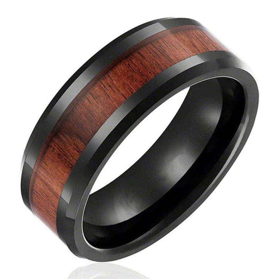 US 7-10 Mens Womens Fashion Titanium Steel Wood Inlaid Band Ring Couple Gift Image 1