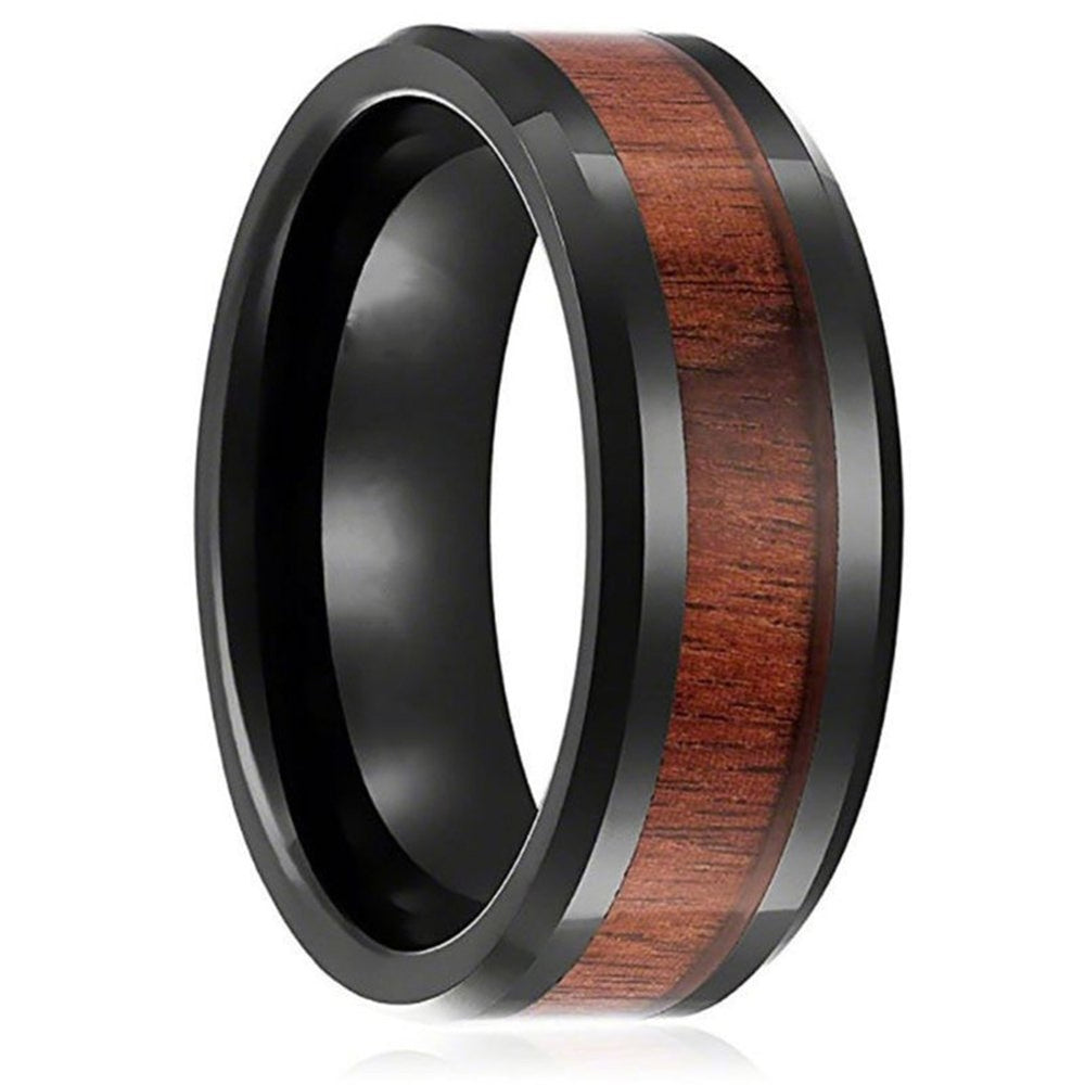 US 7-10 Mens Womens Fashion Titanium Steel Wood Inlaid Band Ring Couple Gift Image 2
