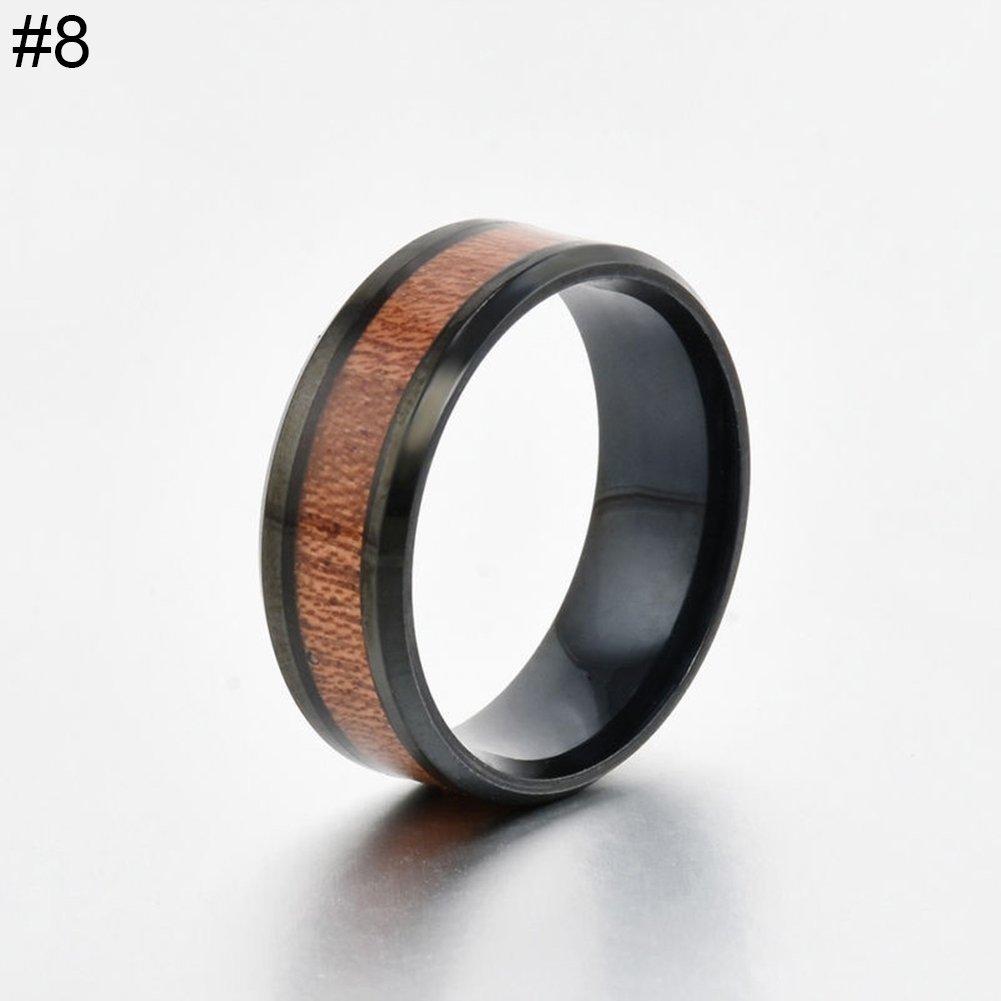 US 7-10 Mens Womens Fashion Titanium Steel Wood Inlaid Band Ring Couple Gift Image 3