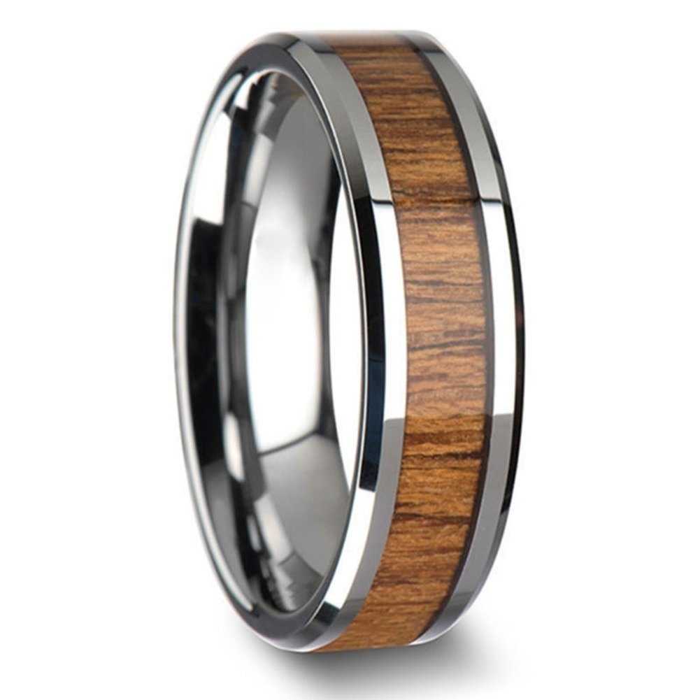 US 7-10 Mens Womens Fashion Titanium Steel Wood Inlaid Band Ring Couple Gift Image 4