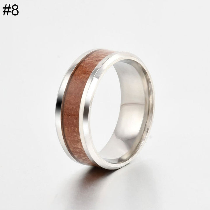 US 7-10 Mens Womens Fashion Titanium Steel Wood Inlaid Band Ring Couple Gift Image 6