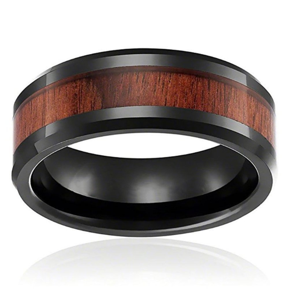 US 7-10 Mens Womens Fashion Titanium Steel Wood Inlaid Band Ring Couple Gift Image 11