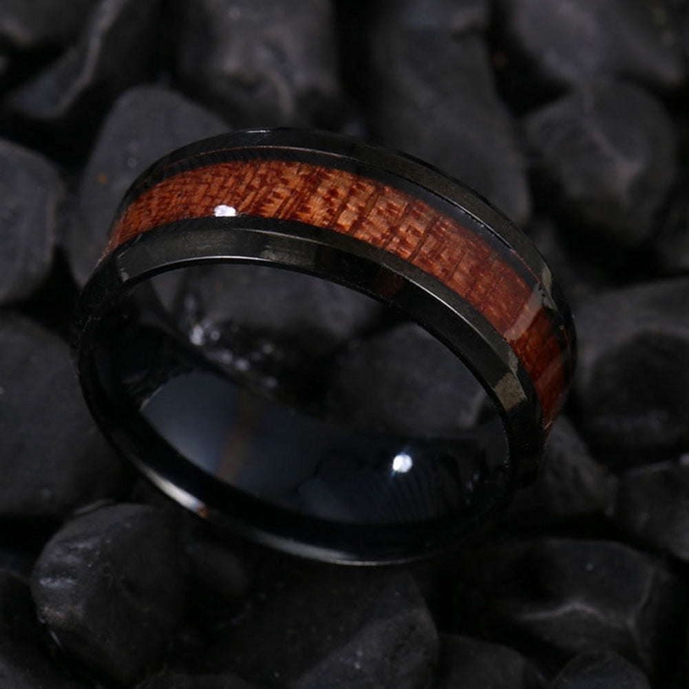 US 7-10 Mens Womens Fashion Titanium Steel Wood Inlaid Band Ring Couple Gift Image 12