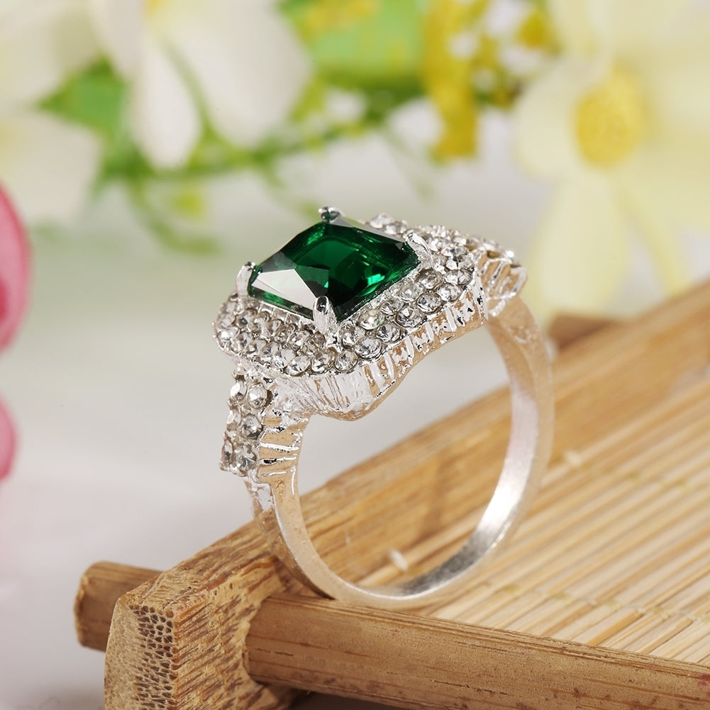 Womens Green Zircon Silver Plated Ring Fashion Wedding Bague Jewelry Gift Image 4