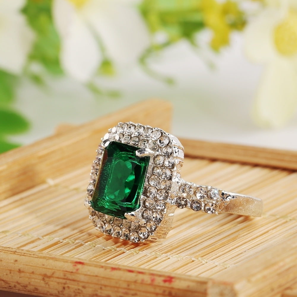 Womens Green Zircon Silver Plated Ring Fashion Wedding Bague Jewelry Gift Image 6