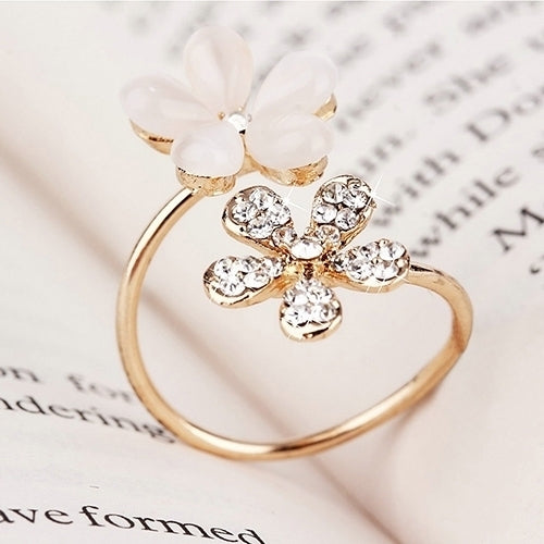 1Pc Elegant Double Daisy Flower Ring Rhinestone Adjustable Open Ring Jewelry Image 1