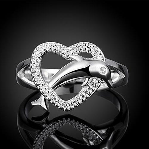 Womens 925 Silver Plated Dolphin Heart Finger Ring Jewelry Charm for Party Prom Image 3