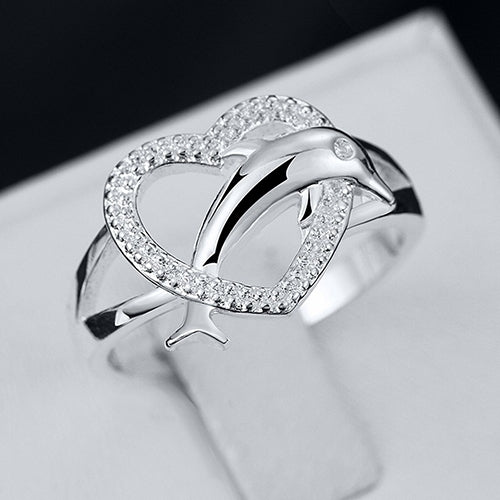 Womens 925 Silver Plated Dolphin Heart Finger Ring Jewelry Charm for Party Prom Image 4