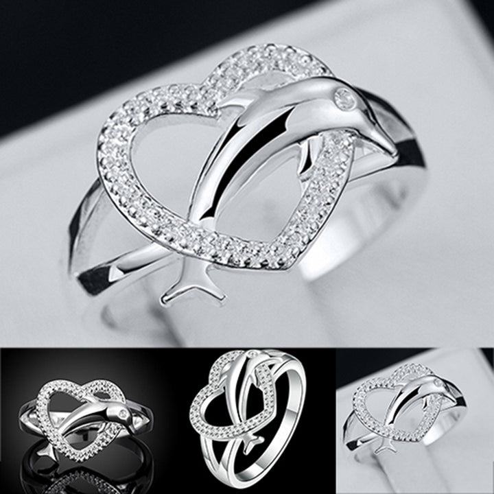 Womens 925 Silver Plated Dolphin Heart Finger Ring Jewelry Charm for Party Prom Image 4