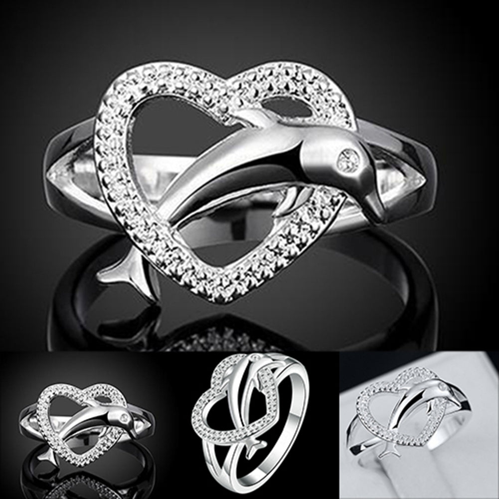 Womens 925 Silver Plated Dolphin Heart Finger Ring Jewelry Charm for Party Prom Image 6