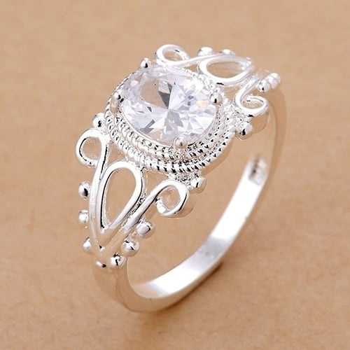 Womens Fashion 18K White Gold Plated Oval Zircon Cutout Finger Ring Jewelry Image 4