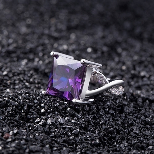 Womens Luxury Square Purple Zircon Platinum Plated Proposal Party Ring Jewelry Image 1