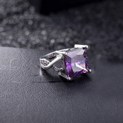 Womens Luxury Square Purple Zircon Platinum Plated Proposal Party Ring Jewelry Image 2