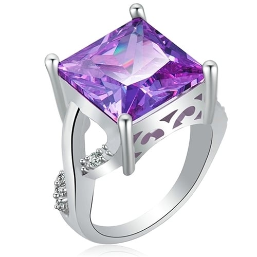 Womens Luxury Square Purple Zircon Platinum Plated Proposal Party Ring Jewelry Image 4