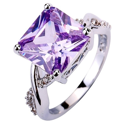 Womens Luxury Square Purple Zircon Platinum Plated Proposal Party Ring Jewelry Image 4