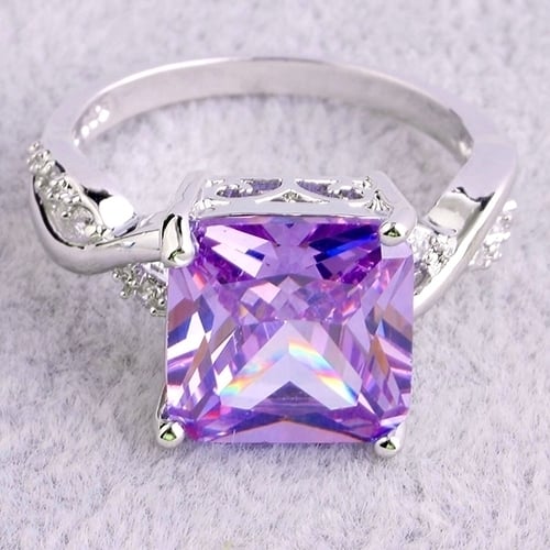 Womens Luxury Square Purple Zircon Platinum Plated Proposal Party Ring Jewelry Image 6