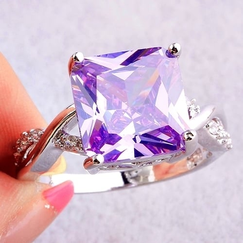 Womens Luxury Square Purple Zircon Platinum Plated Proposal Party Ring Jewelry Image 7