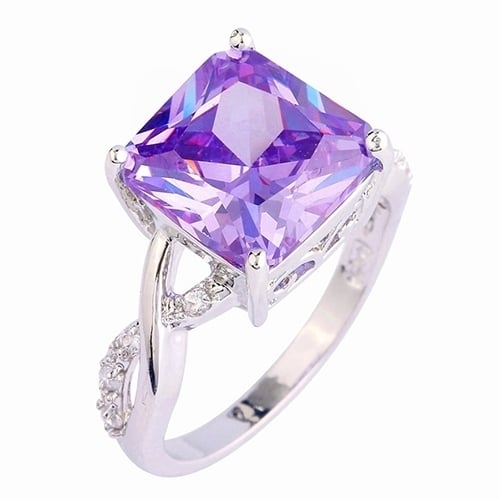 Womens Luxury Square Purple Zircon Platinum Plated Proposal Party Ring Jewelry Image 8