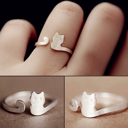 Women Fashion Jewelry Xmas Gift Cartoon Cat Sliver Plated Open Adjustable Ring Image 1