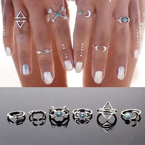 6 Pcs Fashion Turquoise Arrow Moon Statement Women Midi Rings Set Jewelry Image 2