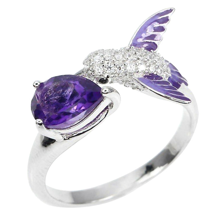 Bird Water Drop Faux Amethyst Cubic Zirconia Women Engagement Wedding Open Ring Image 1