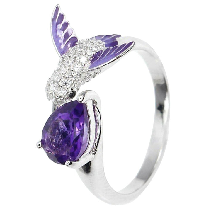 Bird Water Drop Faux Amethyst Cubic Zirconia Women Engagement Wedding Open Ring Image 2