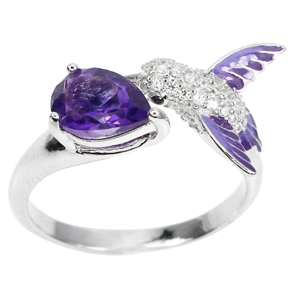 Bird Water Drop Faux Amethyst Cubic Zirconia Women Engagement Wedding Open Ring Image 3