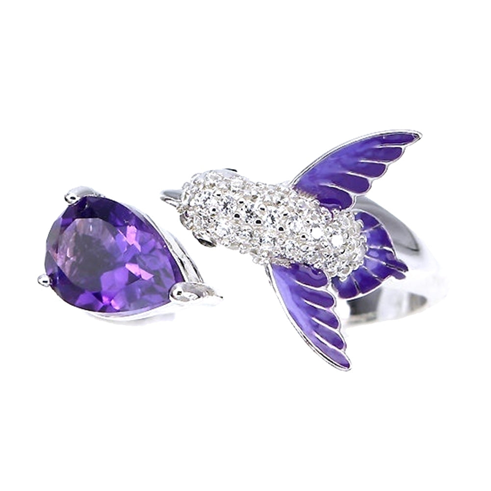 Bird Water Drop Faux Amethyst Cubic Zirconia Women Engagement Wedding Open Ring Image 4